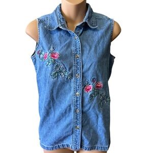 Cool Blues Embroidered Roses Collared Blue Denim Vest